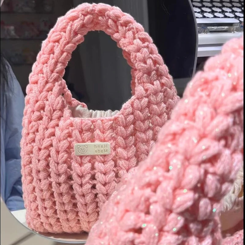 KN2603021 Sparkling Heart Knit Egg Bag DIY Crochet Kit with Video Tutorial or Handmade Finished Bag