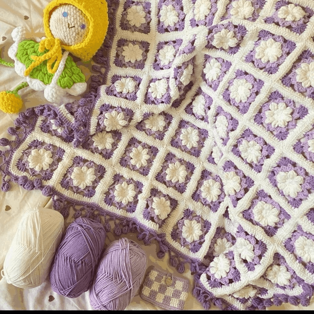 KN2603024 Snow Chrysanthemum Crochet Blanket DIY Crochet Kit with Video Tutorial or Handmade Finished Blanket