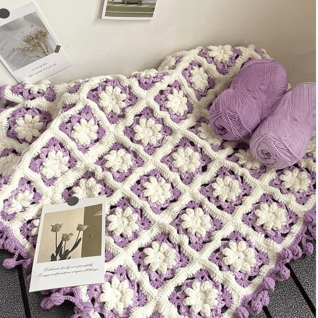 KN2603024 Snow Chrysanthemum Crochet Blanket DIY Crochet Kit with Video Tutorial or Handmade Finished Blanket