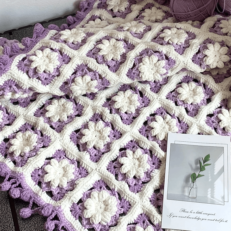 KN2603024 Snow Chrysanthemum Crochet Blanket DIY Crochet Kit with Video Tutorial or Handmade Finished Blanket