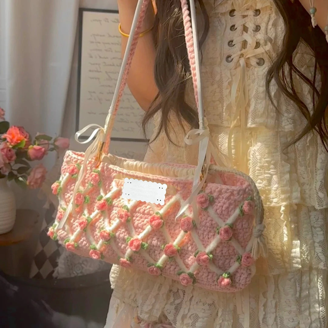 KN2603026 Rose Garden Baguette Bag DIY Crochet Kit with Video Tutorial or Handmade Bag