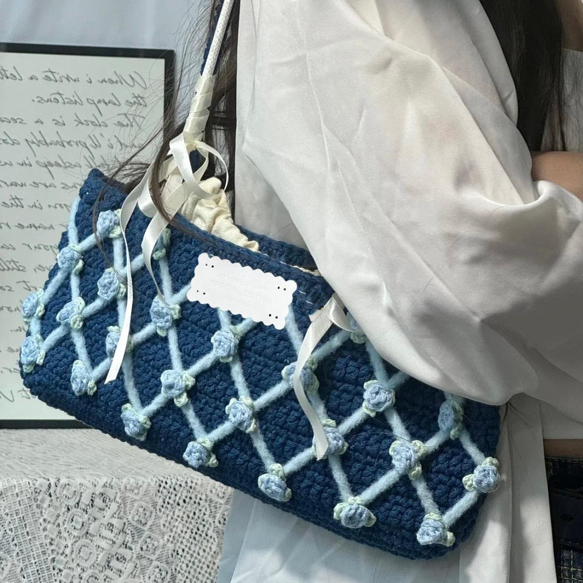 KN2603026 Rose Garden Baguette Bag DIY Crochet Kit with Video Tutorial or Handmade Bag