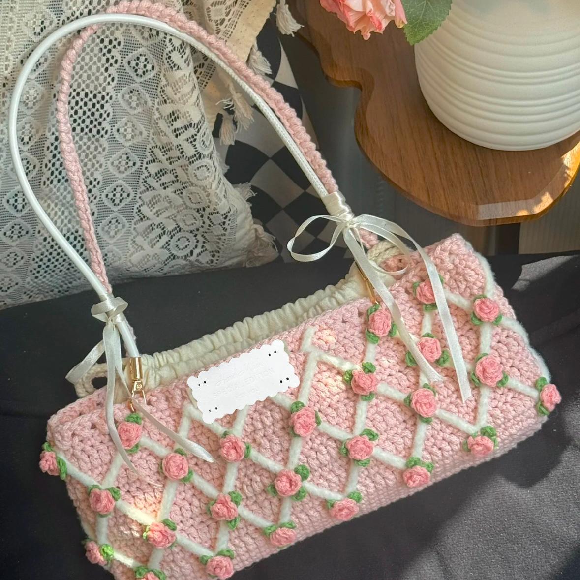 KN2603026 Rose Garden Baguette Bag DIY Crochet Kit with Video Tutorial or Handmade Bag