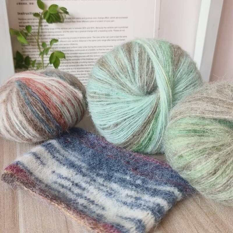YARN60017 Premium Art-Inspired Hand-Dyed Mohair Wool Yarn – Gradient Rainbow Long Pile Yarn for Crochet & Knitting
