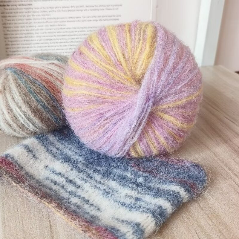 YARN60017 Premium Art-Inspired Hand-Dyed Mohair Wool Yarn – Gradient Rainbow Long Pile Yarn for Crochet & Knitting