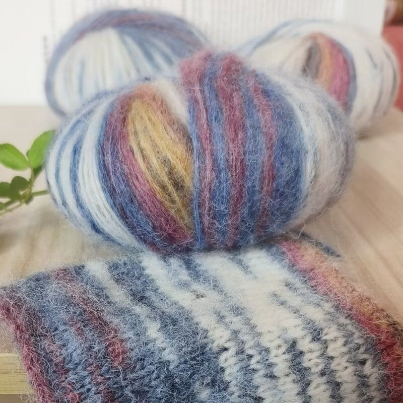 YARN60017 Premium Art-Inspired Hand-Dyed Mohair Wool Yarn – Gradient Rainbow Long Pile Yarn for Crochet & Knitting