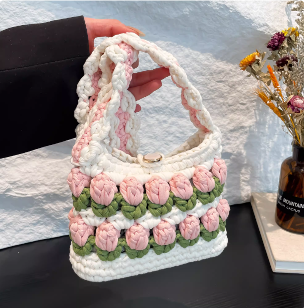 KN2603020 Tulip Bloom Crochet Bag DIY Crochet Kit with Video Tutorial or Handmade Finished Bag