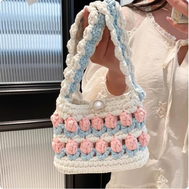 KN2603020 Tulip Bloom Crochet Bag DIY Crochet Kit with Video Tutorial or Handmade Finished Bag