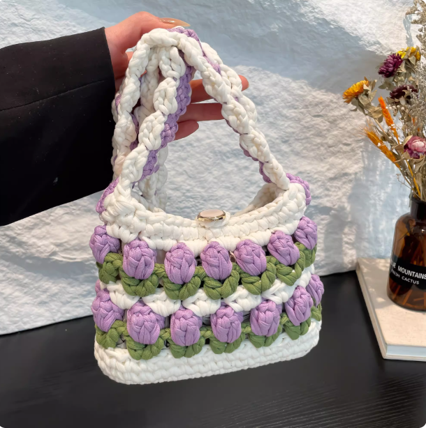 KN2603020 Tulip Bloom Crochet Bag DIY Crochet Kit with Video Tutorial or Handmade Finished Bag
