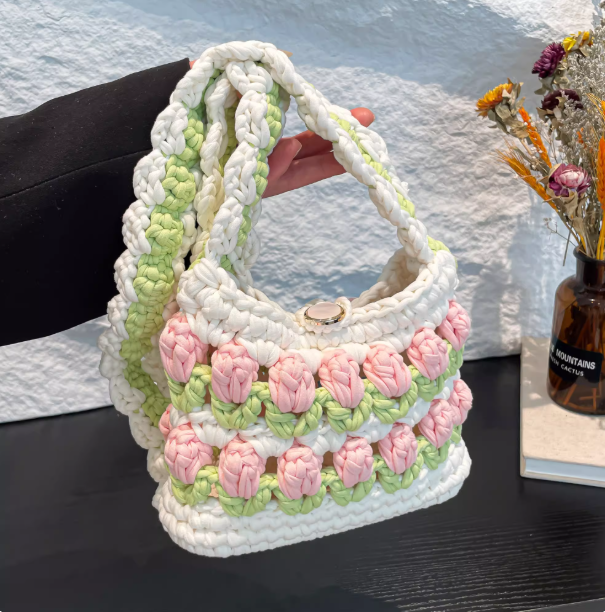 KN2603020 Tulip Bloom Crochet Bag DIY Crochet Kit with Video Tutorial or Handmade Finished Bag