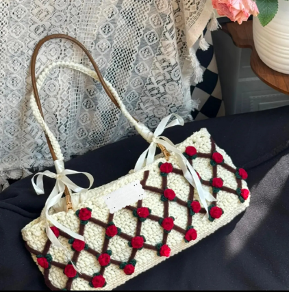 KN2603026 Rose Garden Baguette Bag DIY Crochet Kit with Video Tutorial or Handmade Bag